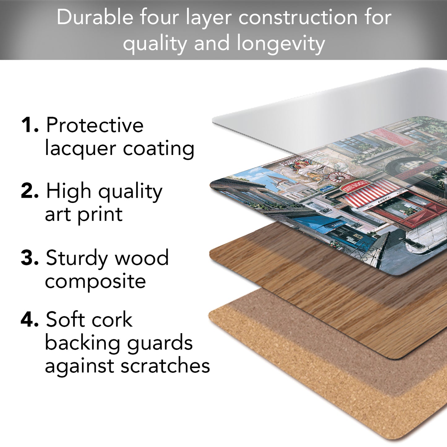 Cala Home Village Square Premium Decorative Hardboard Tabletop Placemats 4-Pack Manufactured in The USA Heat Tolerant and Easily Wipes Clean
