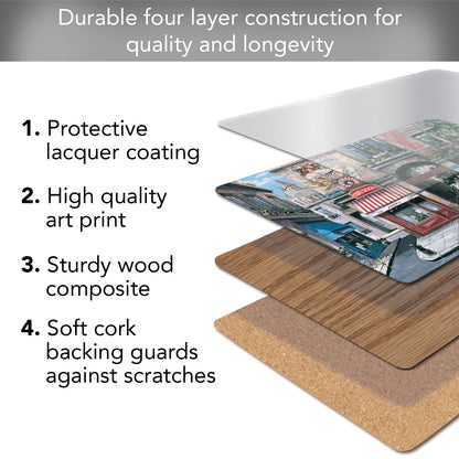 Cala Home Village Square Premium Decorative Hardboard Tabletop Placemats 4-Pack Manufactured in The USA Heat Tolerant and Easily Wipes Clean
