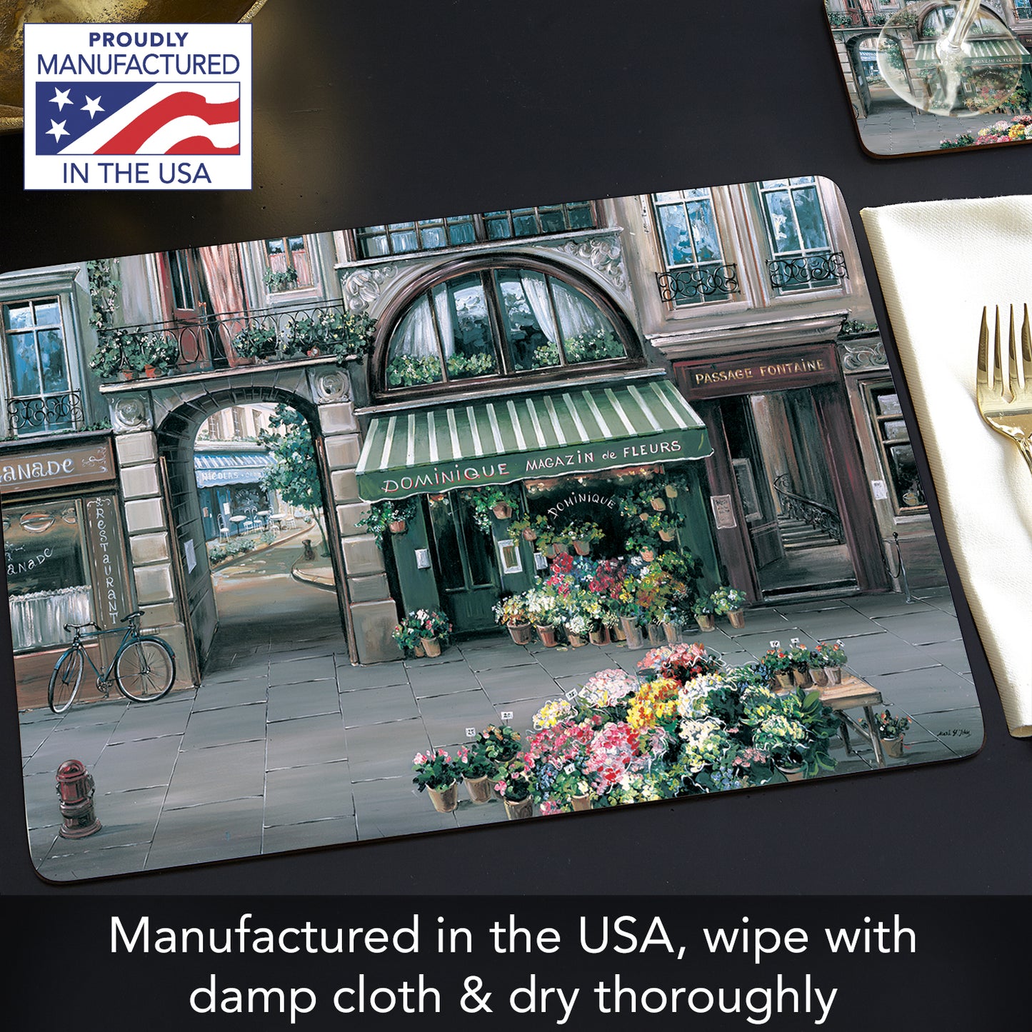 Cala Home Village Square Premium Decorative Hardboard Tabletop Placemats 4-Pack Manufactured in The USA Heat Tolerant and Easily Wipes Clean