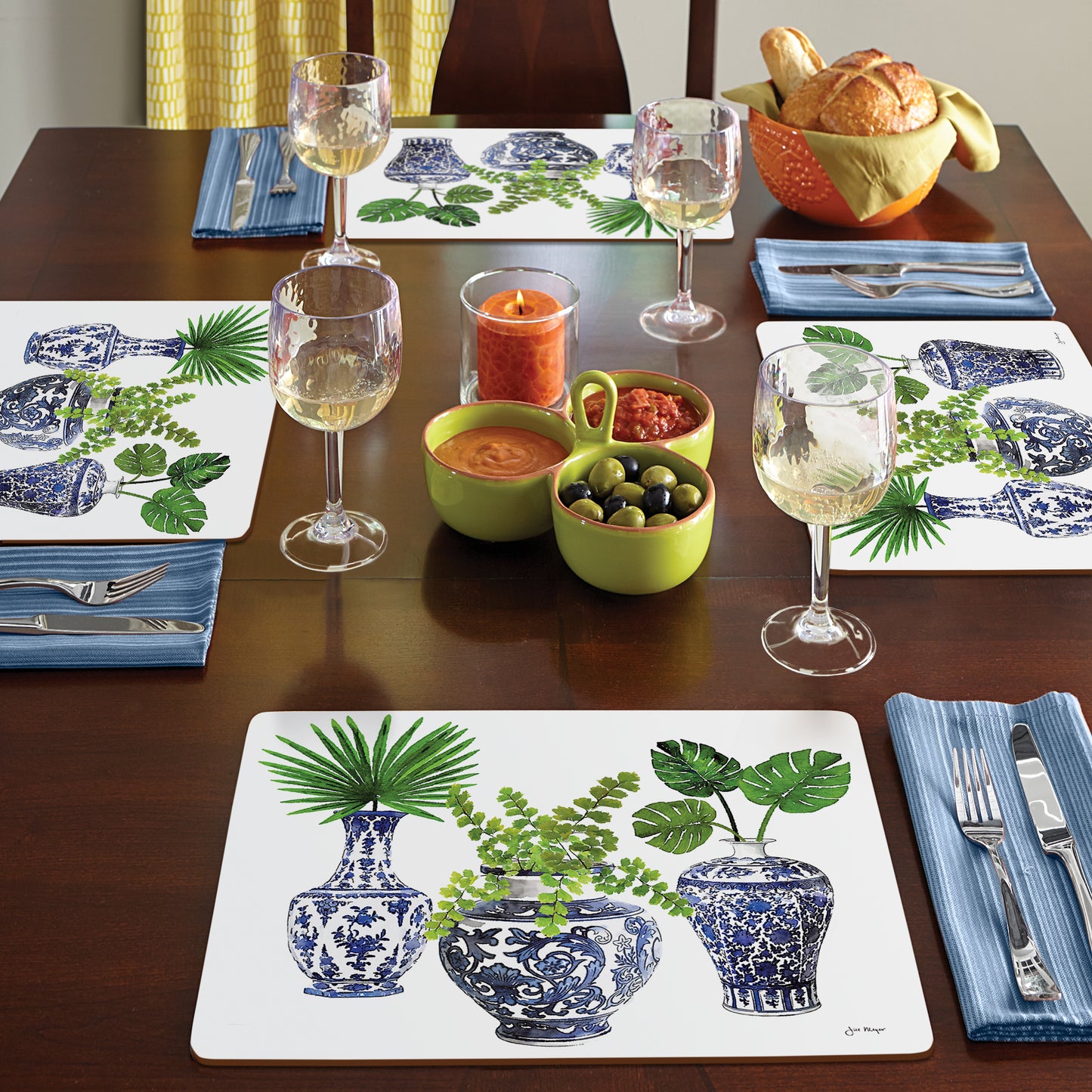 Cala Home Blue Delft Vases Premium Decorative Hardboard Tabletop Placemats 4-Pack Manufactured in The USA Heat Tolerant and Easily Wipes Clean