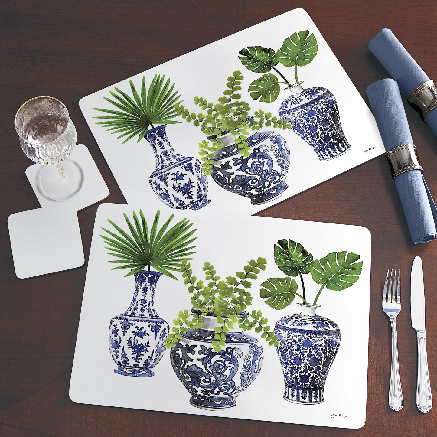 Cala Home Blue Delft Vases Premium Decorative Hardboard Tabletop Placemats 4-Pack Manufactured in The USA Heat Tolerant and Easily Wipes Clean