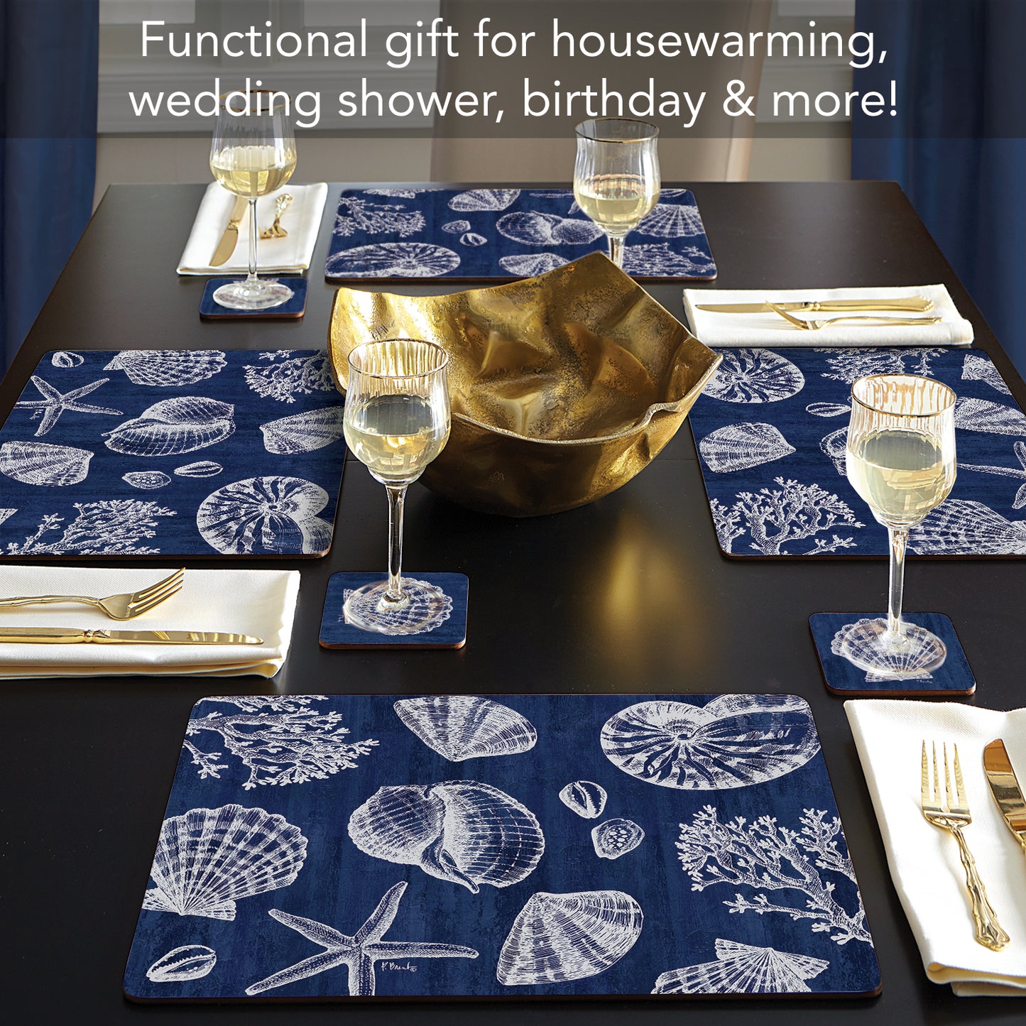 Cala Home St. Tropez Shells Decorative Hardboard Cork Back Tabletop Placemats 4 Pack Manufactured in The USA Heat Tolerant and Easily Wipes Clean