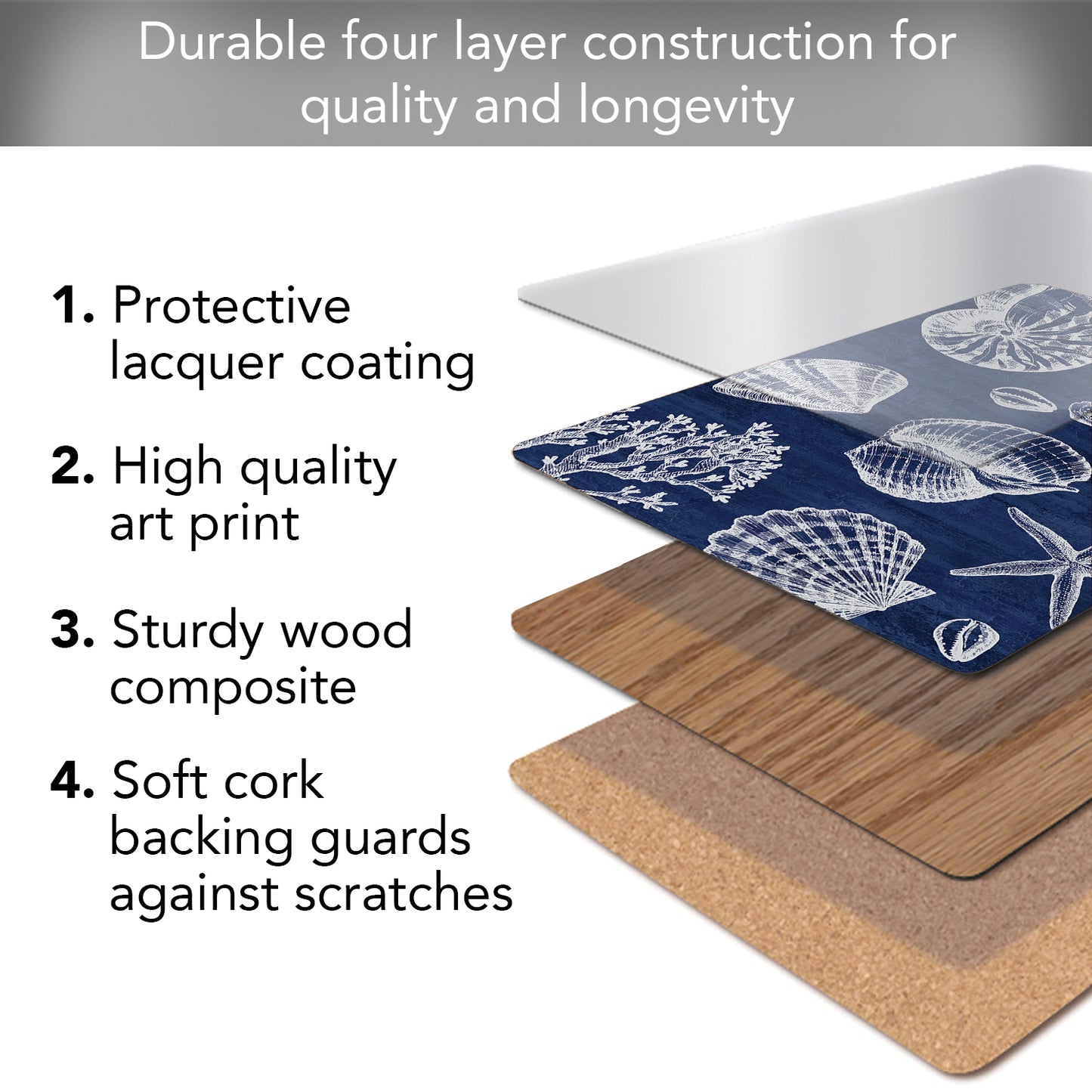 Cala Home St. Tropez Shells Decorative Hardboard Cork Back Tabletop Placemats 4 Pack Manufactured in The USA Heat Tolerant and Easily Wipes Clean