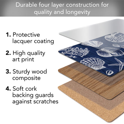 Cala Home St. Tropez Shells Decorative Hardboard Cork Back Tabletop Placemats 4 Pack Manufactured in The USA Heat Tolerant and Easily Wipes Clean
