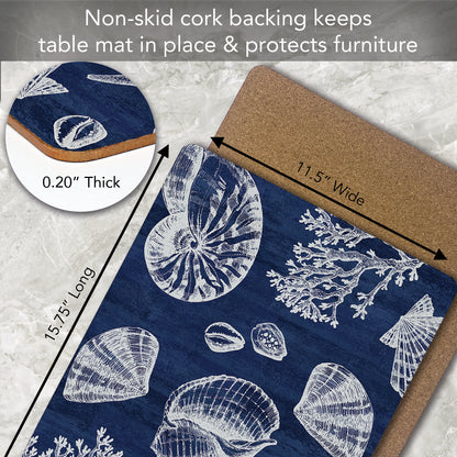 Cala Home St. Tropez Shells Decorative Hardboard Cork Back Tabletop Placemats 4 Pack Manufactured in The USA Heat Tolerant and Easily Wipes Clean