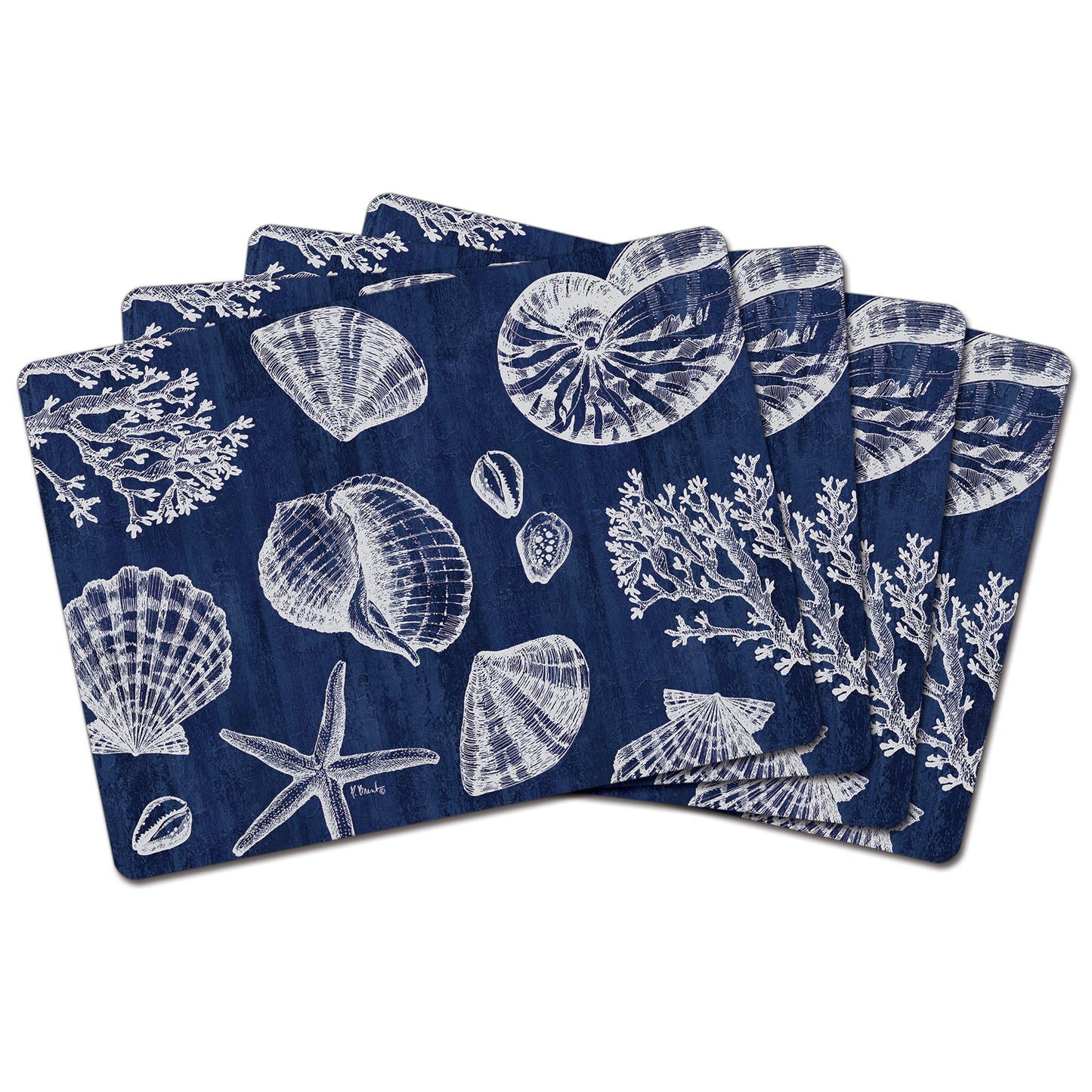 Cala Home St. Tropez Shells Decorative Hardboard Cork Back Tabletop Placemats 4 Pack Manufactured in the USA