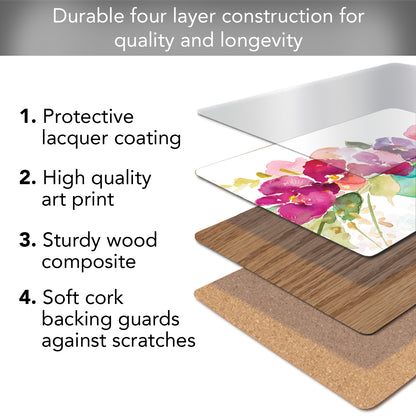 CounterArt Bowl of Blooms Premium Decorative Hardboard Tabletop Placemats 4-Pack Manufactured in The USA Heat Tolerant and Easily Wipes Clean