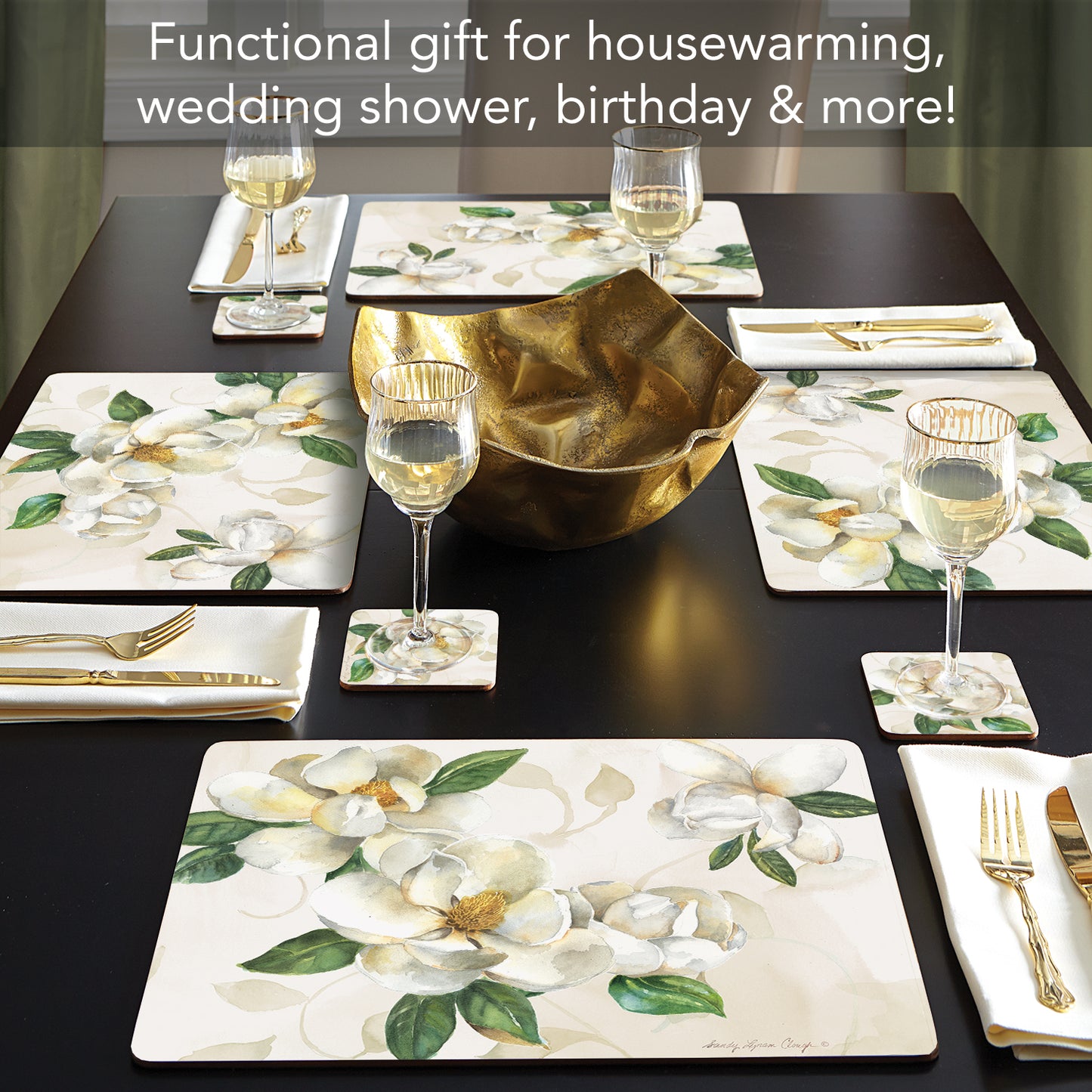 CounterArt Magnolias Premium Decorative Hardboard Tabletop Placemats 4-Pack Manufactured in The USA Heat Tolerant and Easily Wipes Clean