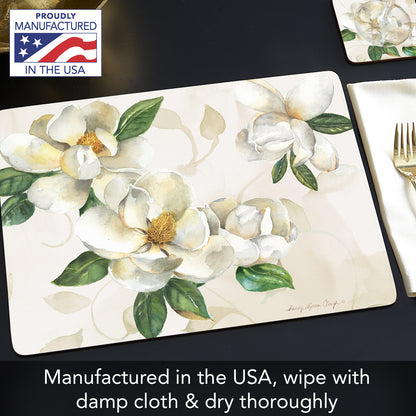 CounterArt Magnolias Premium Decorative Hardboard Tabletop Placemats 4-Pack Manufactured in The USA Heat Tolerant and Easily Wipes Clean