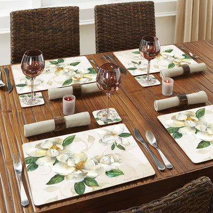 CounterArt Magnolias Premium Decorative Hardboard Tabletop Placemats 4-Pack Manufactured in The USA Heat Tolerant and Easily Wipes Clean