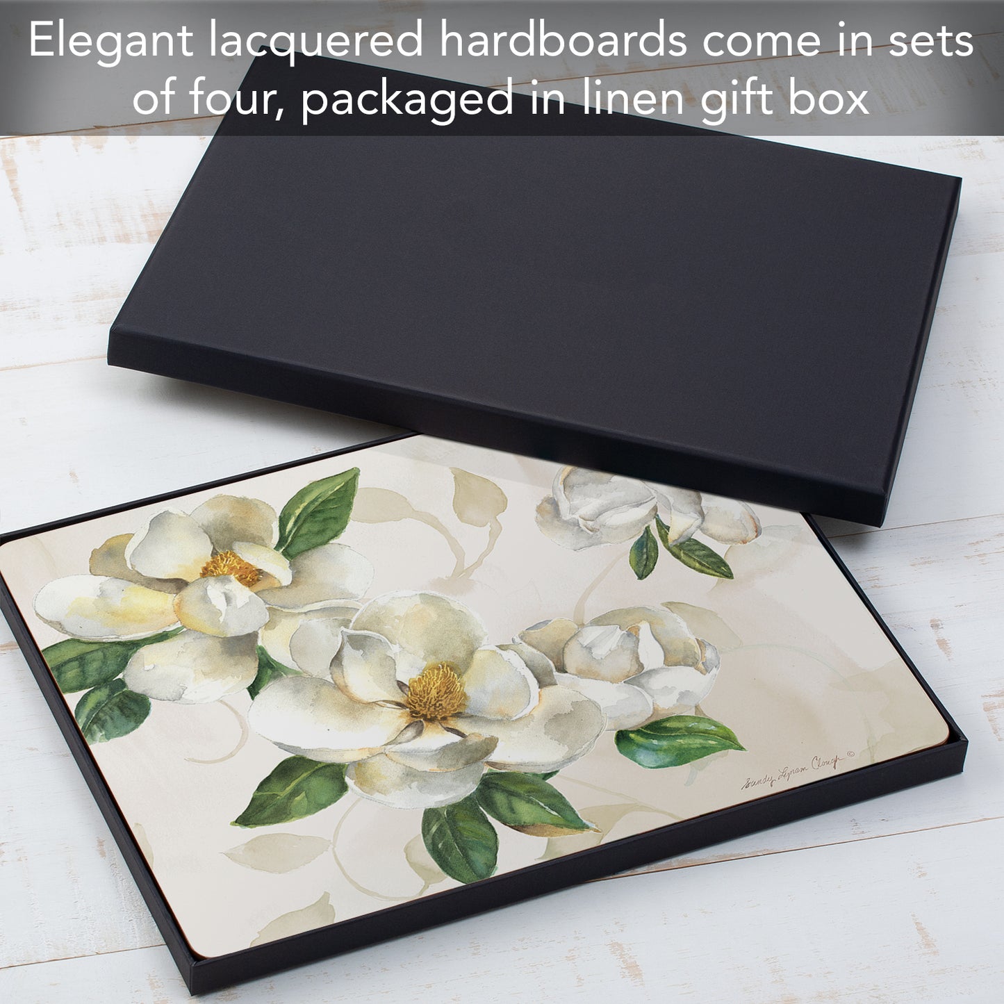 CounterArt Magnolias Premium Decorative Hardboard Tabletop Placemats 4-Pack Manufactured in The USA Heat Tolerant and Easily Wipes Clean