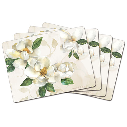 Cala Home Magnolias Premium Decorative Hardboard Placemats 4 Pack Manufactured in the USA