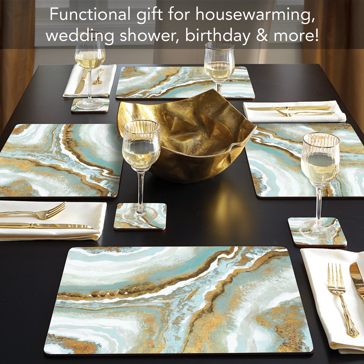 Cala Home Teal Agate Premium Decorative Hardboard Tabletop Placemats 4-Pack Manufactured in The USA Heat Tolerant and Easily Wipes Clean