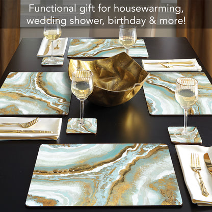Cala Home Teal Agate Premium Decorative Hardboard Tabletop Placemats 4-Pack Manufactured in The USA Heat Tolerant and Easily Wipes Clean