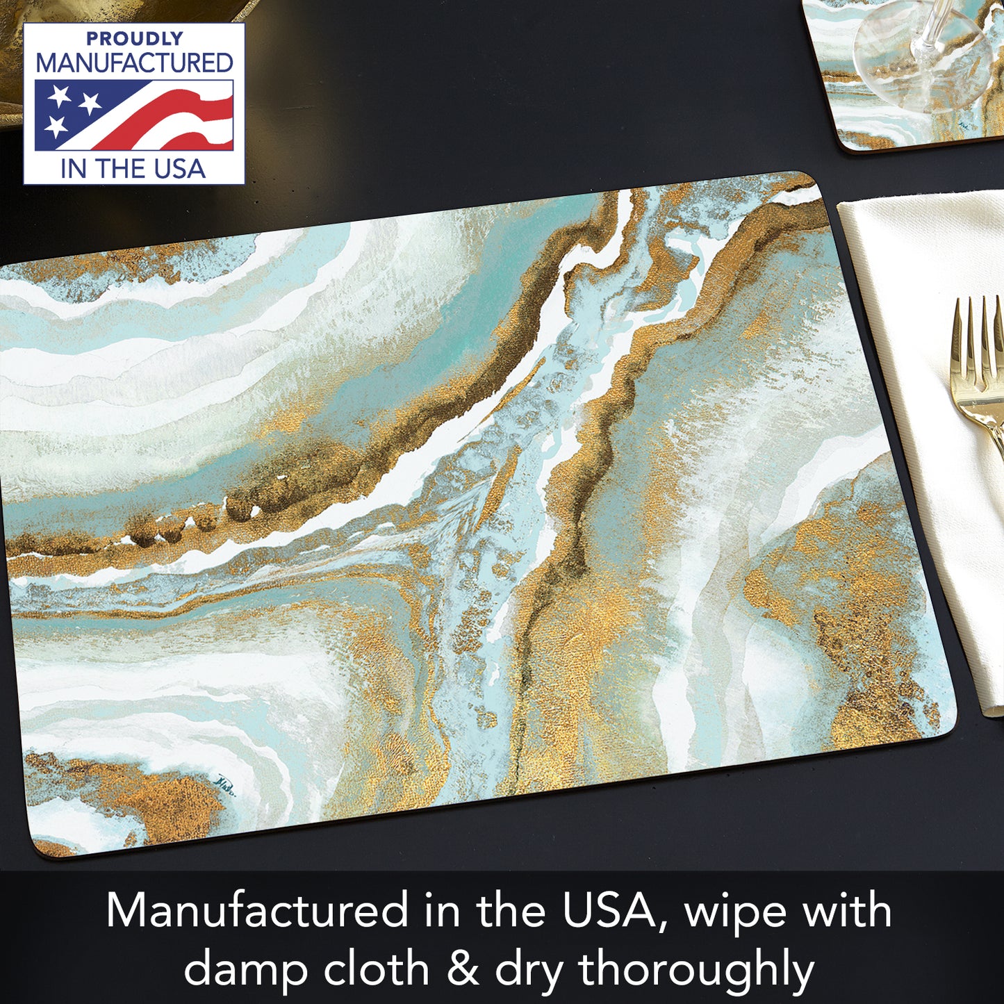 Cala Home Teal Agate Premium Decorative Hardboard Tabletop Placemats 4-Pack Manufactured in The USA Heat Tolerant and Easily Wipes Clean