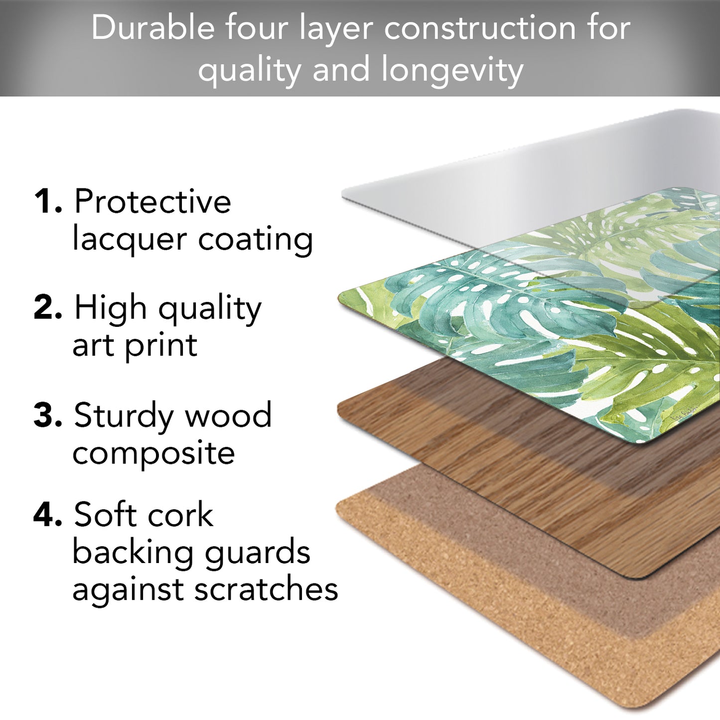 Cala Home Tropical Green Premium Decorative Hardboard Tabletop Placemats 4-Pack Manufactured in The USA Heat Tolerant and Easily Wipes Clean