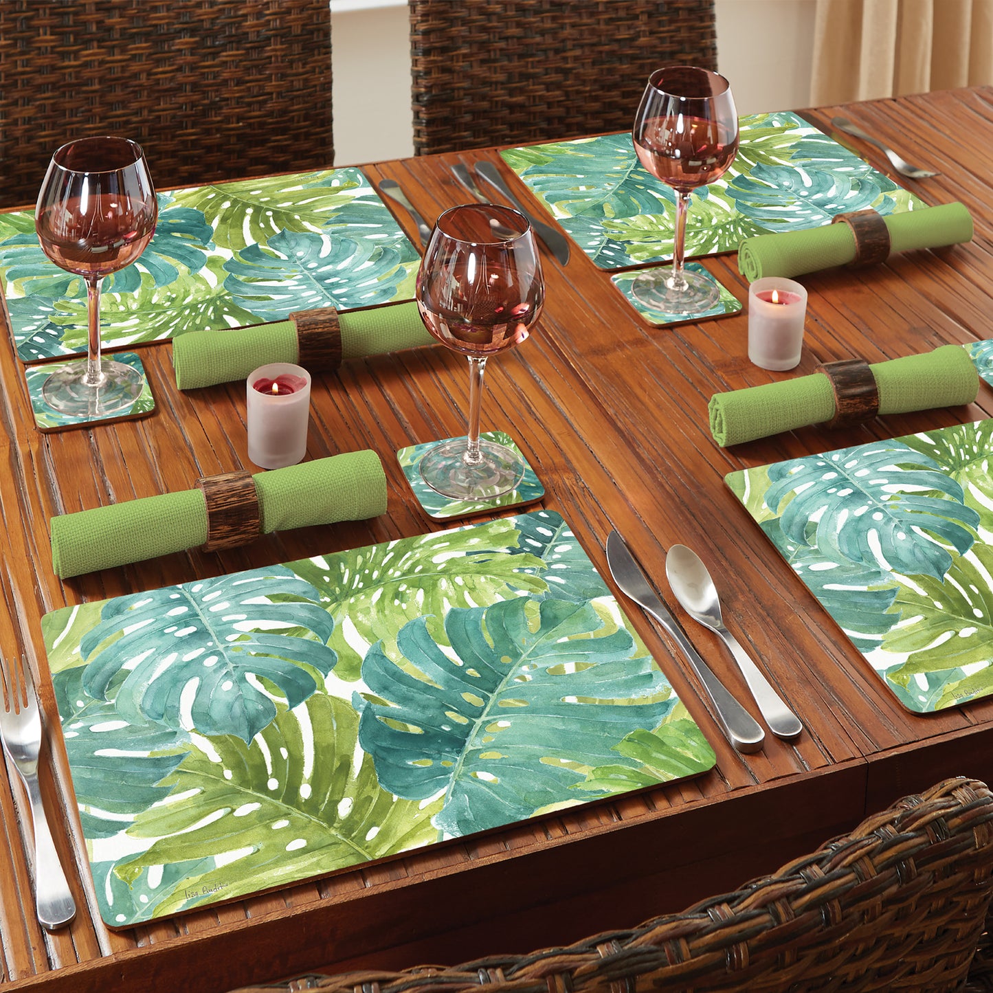Cala Home Tropical Green Premium Decorative Hardboard Tabletop Placemats 4-Pack Manufactured in The USA Heat Tolerant and Easily Wipes Clean