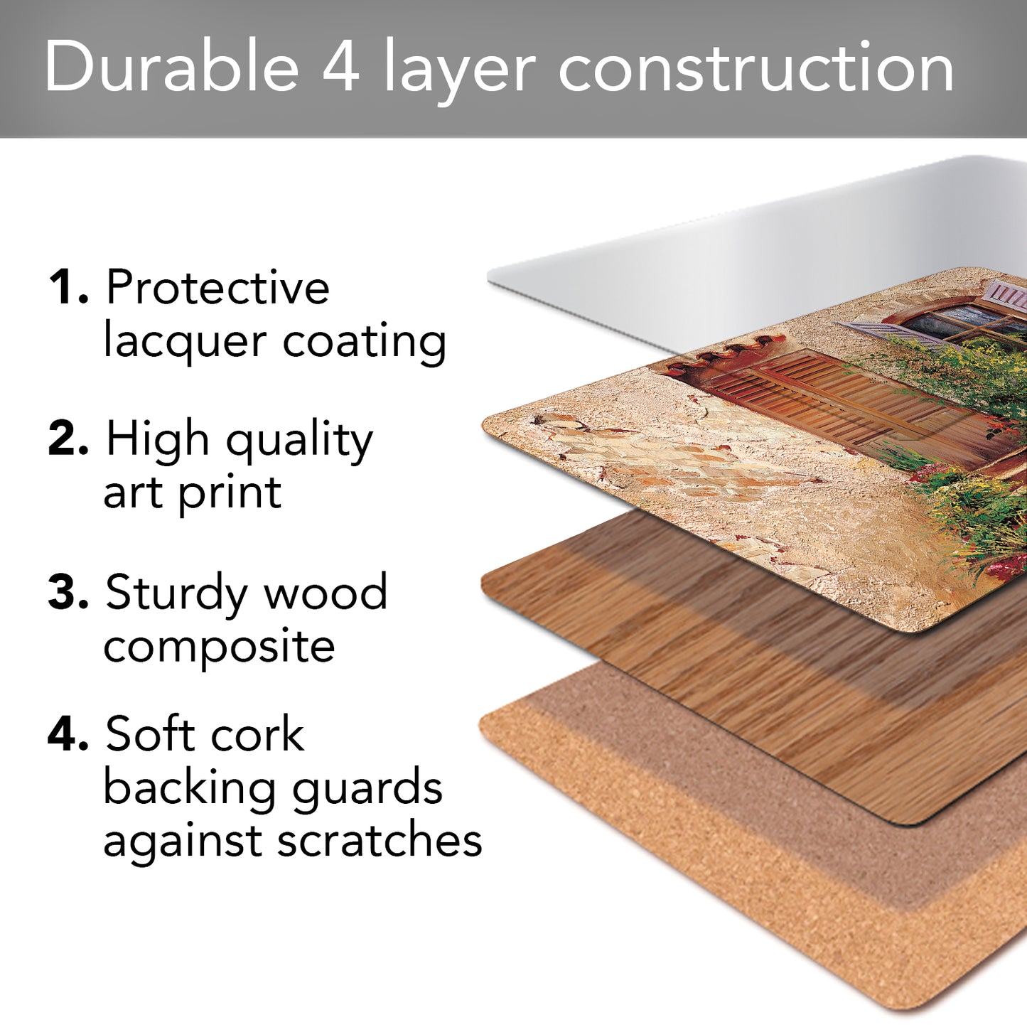 CounterArt Tuscan Doorways Premium Decorative Hardboard Tabletop Placemats 4-Pack Manufactured in The USA Heat Tolerant and Easily Wipes Clean