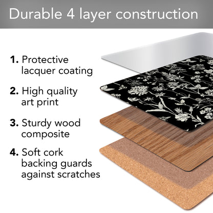 Cala Home Midnight Garden Premium Decorative Hardboard Tabletop Placemats 4-Pack Manufactured in The USA Heat Tolerant and Easily Wipes Clean