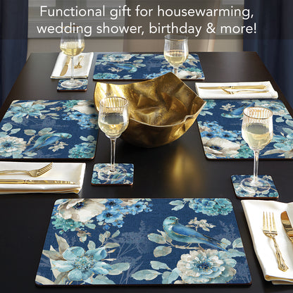 Cala Home Indigold Floral Premium Decorative Hardboard Tabletop Placemats 4-Pack Manufactured in The USA Heat Tolerant and Easily Wipes Clean