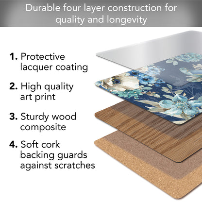 Cala Home Indigold Floral Premium Decorative Hardboard Tabletop Placemats 4-Pack Manufactured in The USA Heat Tolerant and Easily Wipes Clean