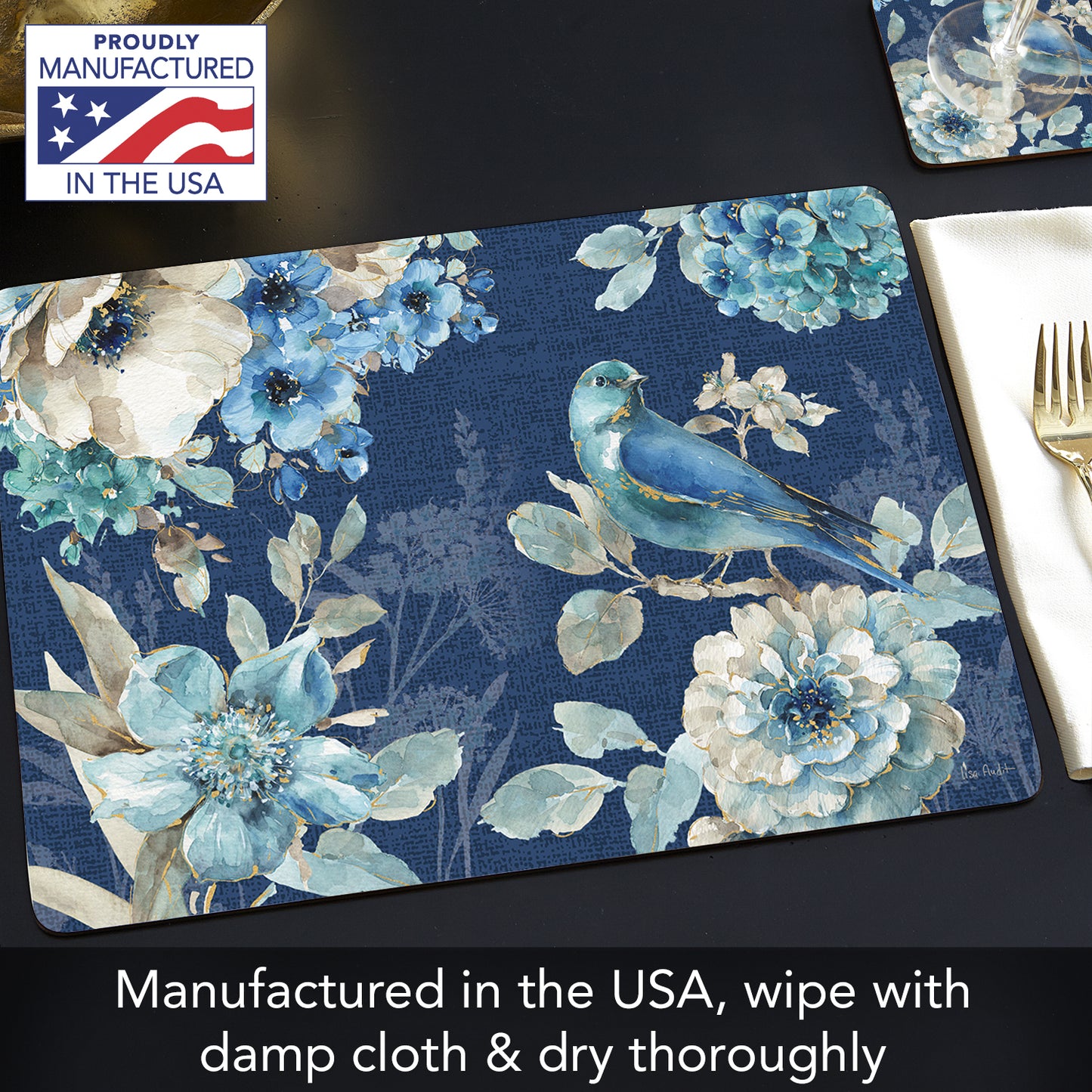 Cala Home Indigold Floral Premium Decorative Hardboard Tabletop Placemats 4-Pack Manufactured in The USA Heat Tolerant and Easily Wipes Clean