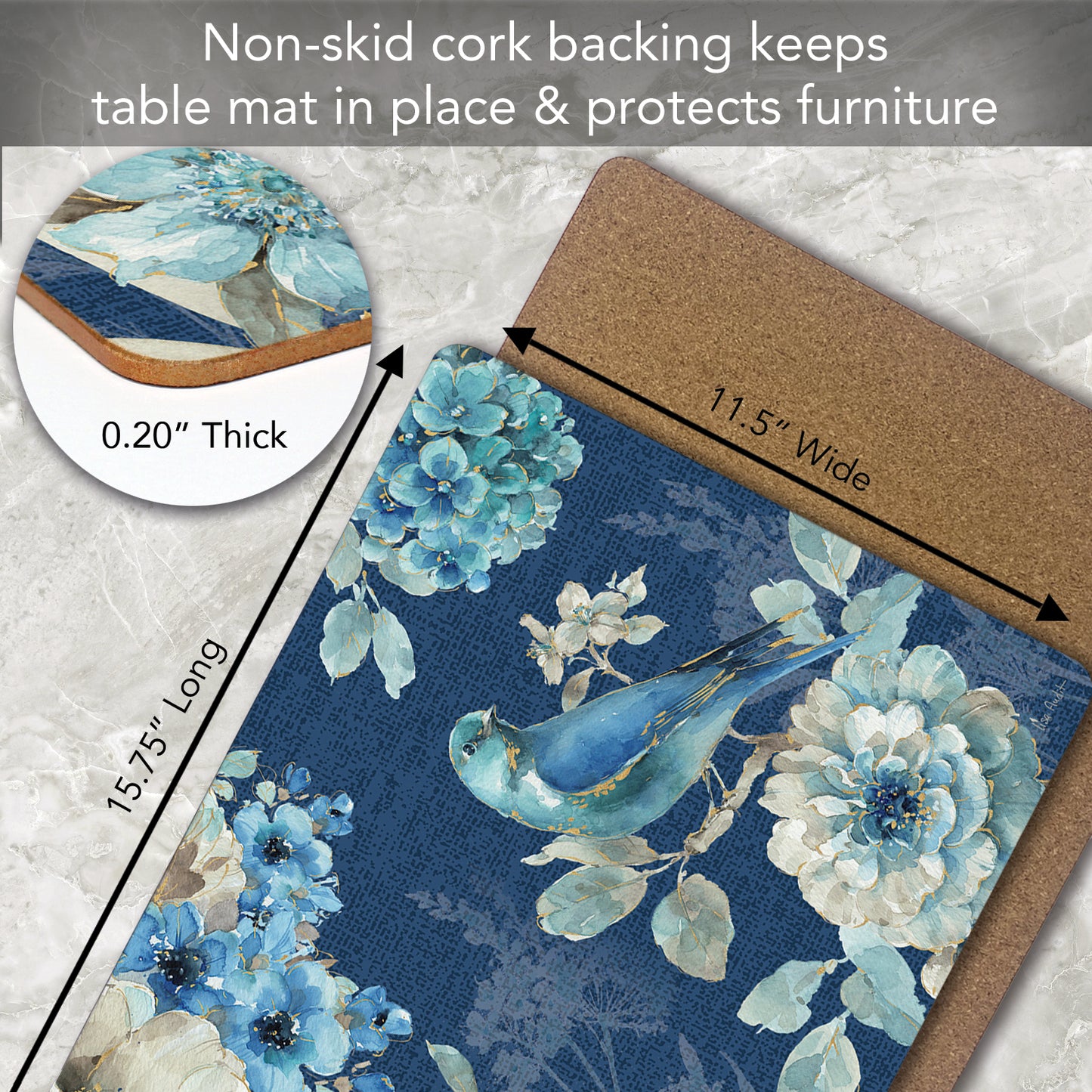 Cala Home Indigold Floral Premium Decorative Hardboard Tabletop Placemats 4-Pack Manufactured in The USA Heat Tolerant and Easily Wipes Clean