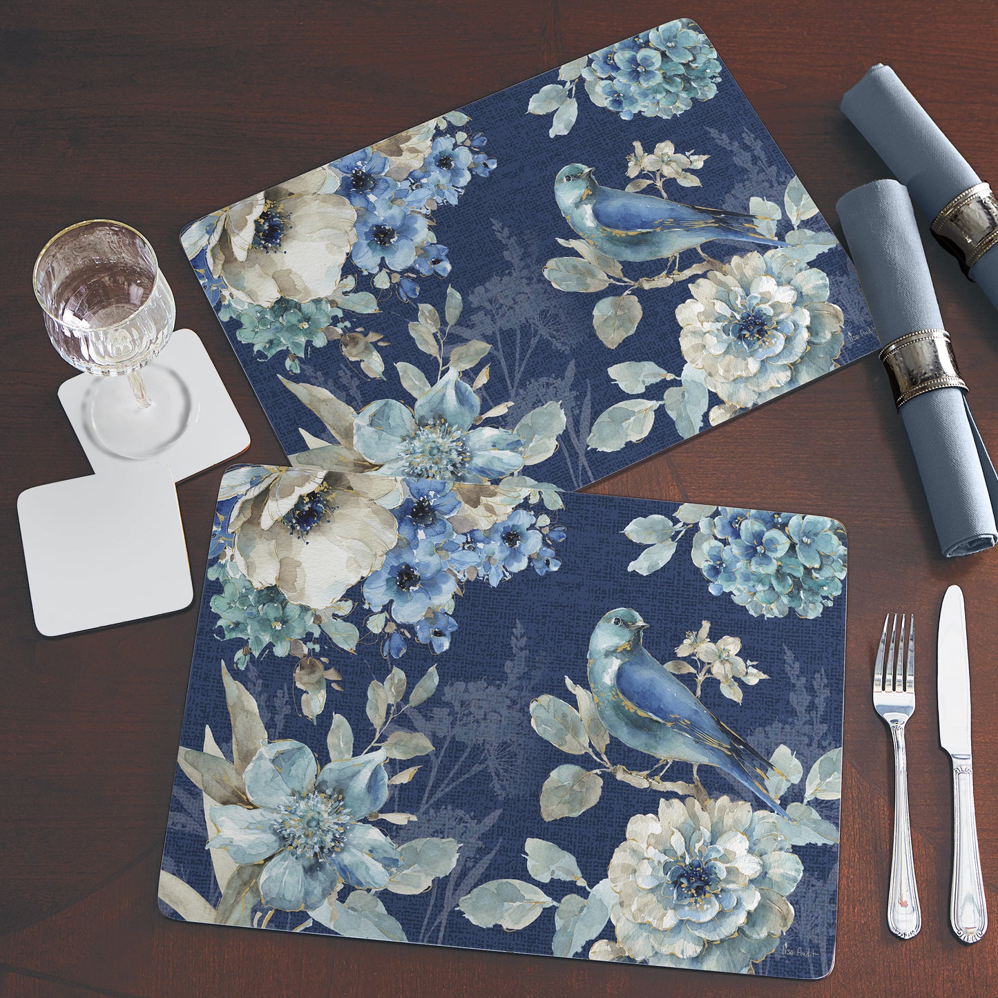 Cala Home Indigold Floral Premium Decorative Hardboard Tabletop Placemats 4-Pack Manufactured in The USA Heat Tolerant and Easily Wipes Clean