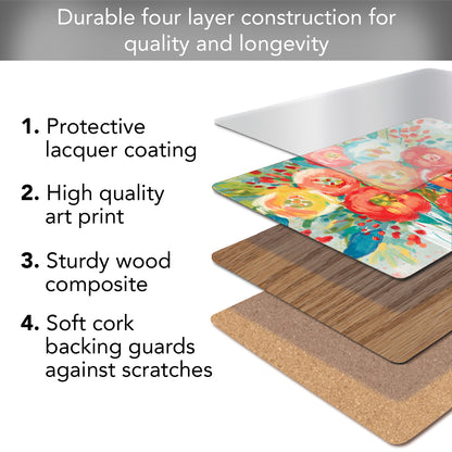 Cala Home Coral Floral Premium Decorative Hardboard Tabletop Placemats 4-Pack Manufactured in The USA Heat Tolerant and Easily Wipes Clean