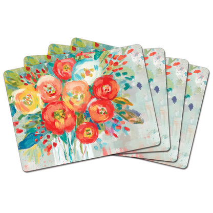 Cala Home Coral Floral Premium Decorative Hardboard Placemats 4 Pack Manufactured in the USA