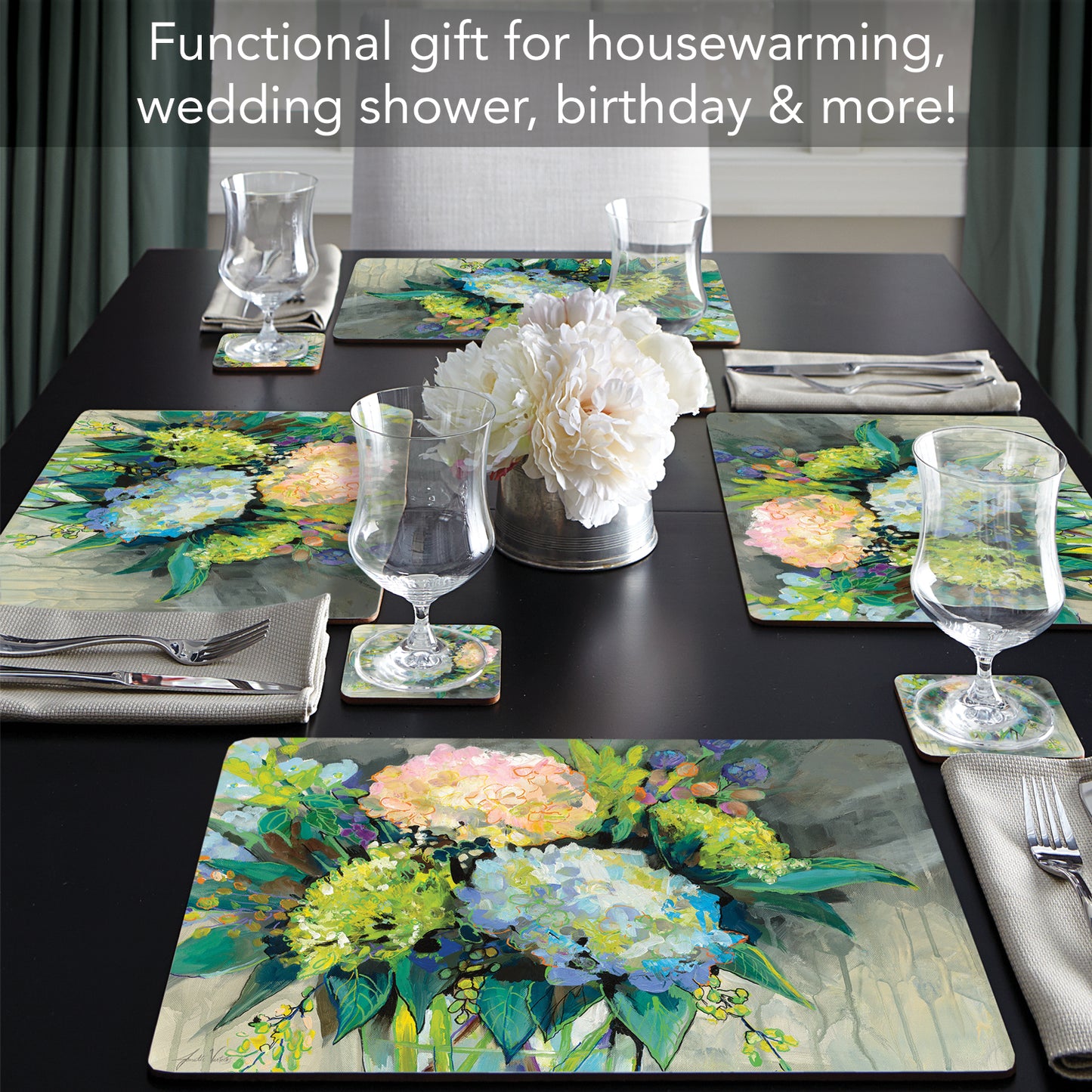 Cala Home Garden Hydrangeas Premium Decorative Hardboard Tabletop Placemats 4-Pack Manufactured in The USA Heat Tolerant and Easily Wipes Clean