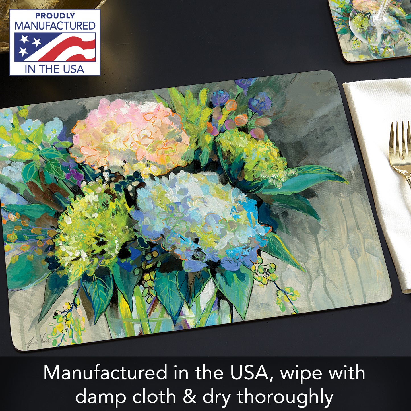 Cala Home Garden Hydrangeas Premium Decorative Hardboard Tabletop Placemats 4-Pack Manufactured in The USA Heat Tolerant and Easily Wipes Clean