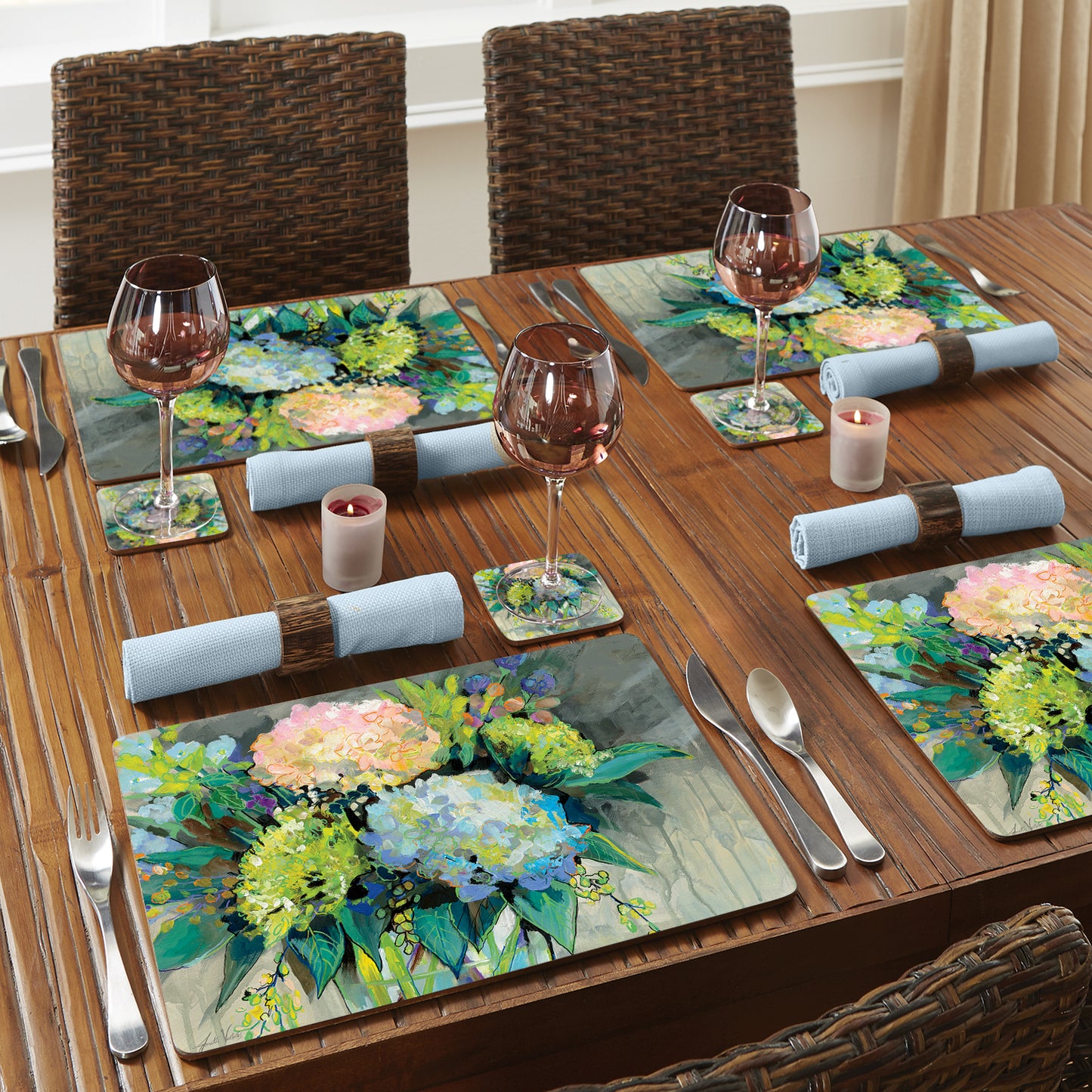 Cala Home Garden Hydrangeas Premium Decorative Hardboard Tabletop Placemats 4-Pack Manufactured in The USA Heat Tolerant and Easily Wipes Clean