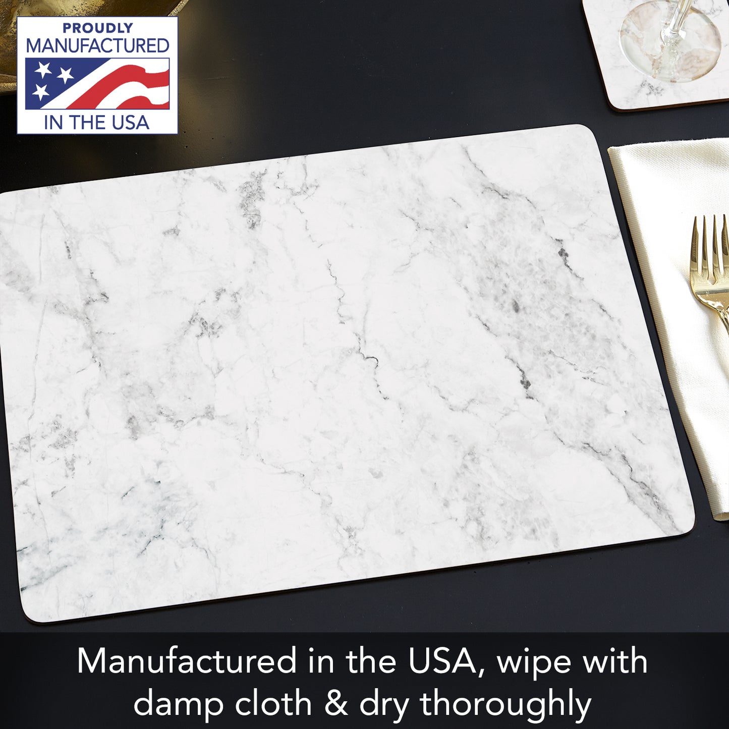 CounterArt White Marble Premium Decorative Hardboard Tabletop Placemats 4-Pack Manufactured in The USA Heat Tolerant and Easily Wipes Clean