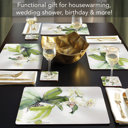 Cala Home White Orchid Premium Decorative Hardboard Tabletop Placemats 4-Pack Manufactured in The USA Heat Tolerant and Easily Wipes Clean