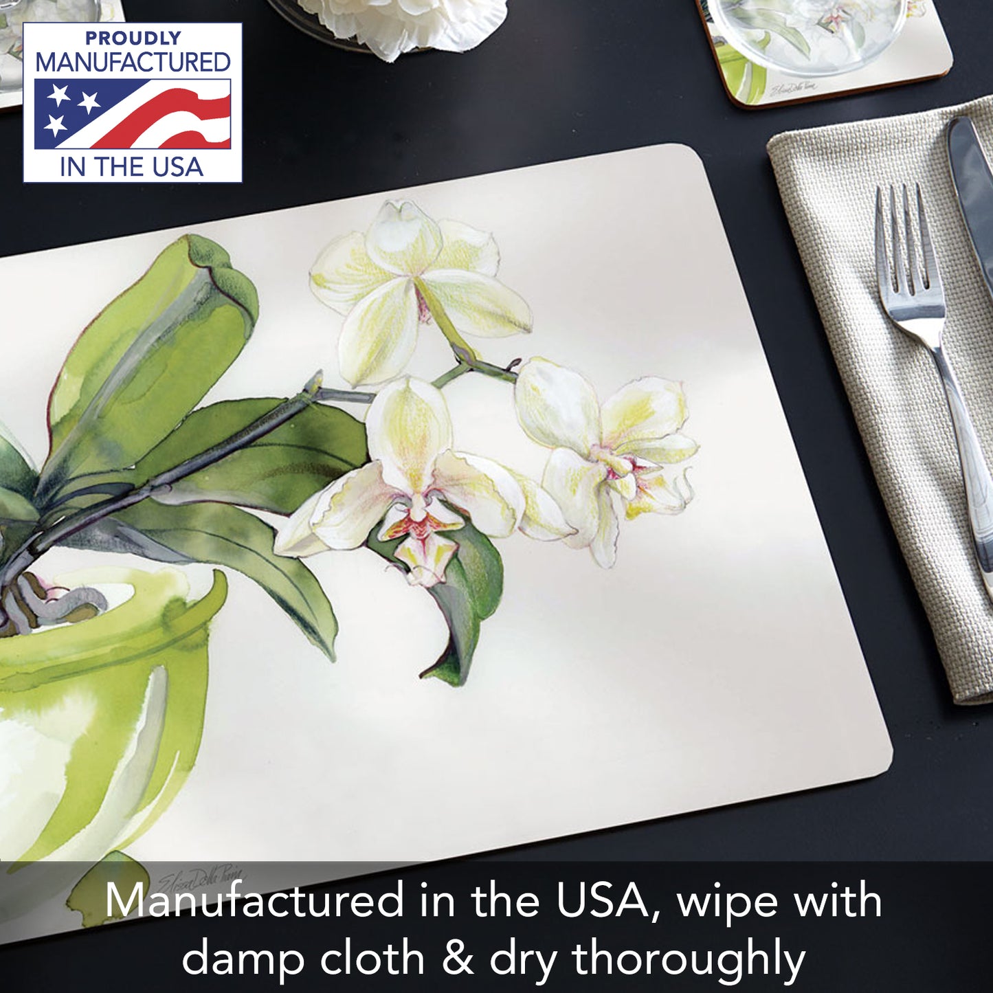 Cala Home White Orchid Premium Decorative Hardboard Tabletop Placemats 4-Pack Manufactured in The USA Heat Tolerant and Easily Wipes Clean