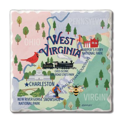 Thirstystone West Virginia Attractions 4 Pack Tumbled Tile Stone Coasters 4" Square Manufactured in the USA