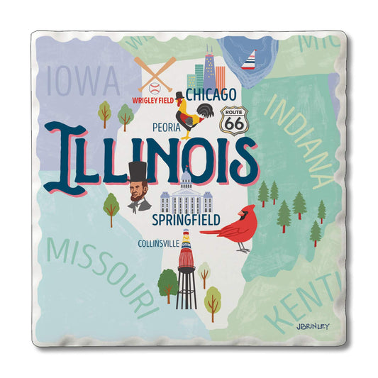 Thirstystone Illinois Attractions 4 Pack Tumbled Tile Stone Coasters 4” Square Manufactured in the USA