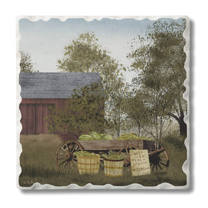 Thirstystone Produce Wagon Single Tumbled Tile Stone Coaster with Protective Cork Backing Manufactured in The USA 4" Square, Artistic, Easily Wipes Clean