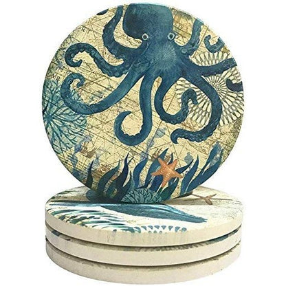 Drink Coasters Absorbent Stone Bar Coaster Set of 4, Counterart Beach Theme Funny Art Coastal Coasters for Drinks Coffee Mugs Cups Beer Wine Bottle Cocktail Desk (Ocean Life)