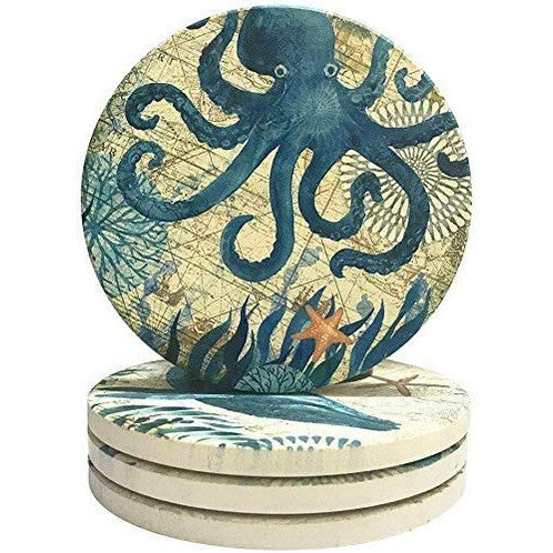 Drink Coasters Absorbent Stone Bar Coaster Set of 4, Counterart Beach Theme Funny Art Coastal Coasters for Drinks Coffee Mugs Cups Beer Wine Bottle Cocktail Desk (Ocean Life)
