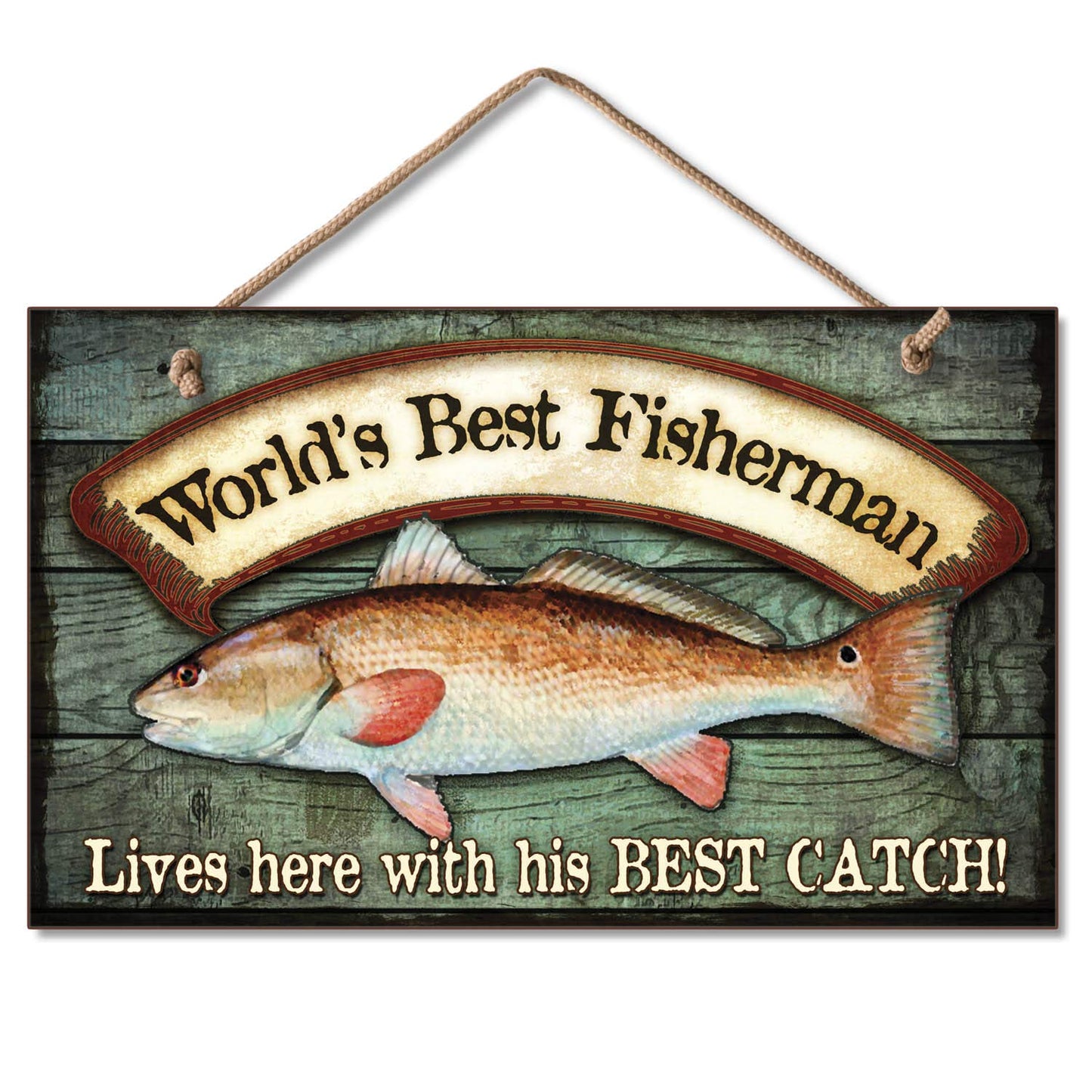 CounterArt World's Best Fisherman Decorative Hanging Wood Wall Sign 9.5” x 5.75” Made in the USA Features Braided Rope Hanger