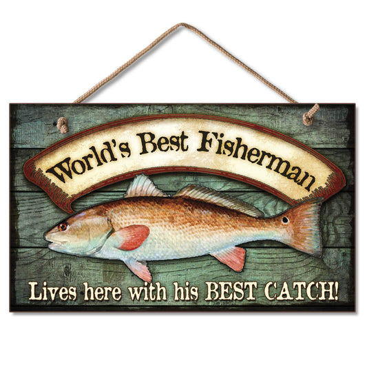CounterArt World's Best Fisherman Decorative Hanging Wood Wall Sign 9.5” x 5.75” Made in the USA Features Braided Rope Hanger