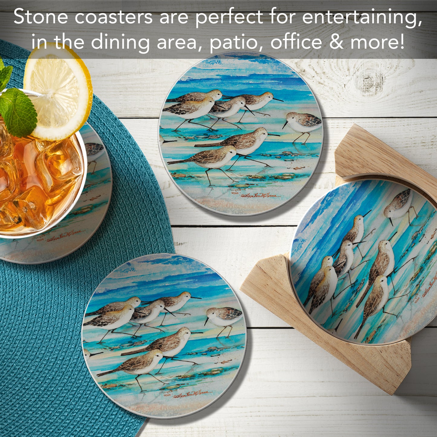 Thirstystone Shore Birds 4-Pack Natural Marble Stone Coaster with Protective Cork Backing Manufactured in The USA