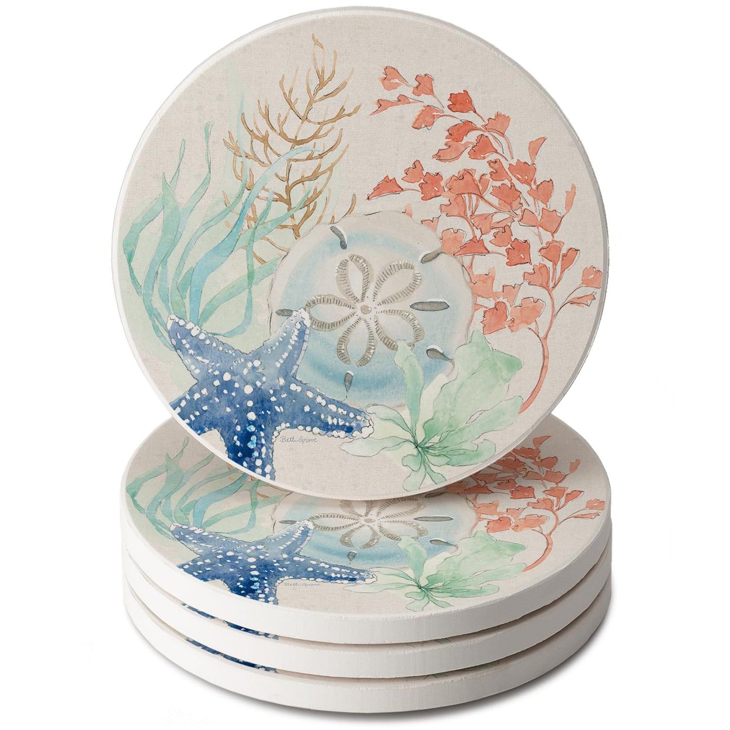 Thirstystone Seaside 4 Pack Round Absorbent Stone Coasters 4" Diameter Manufactured in the USA