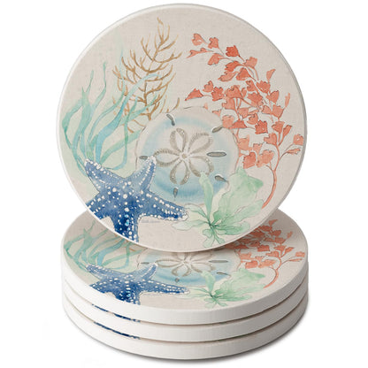 Thirstystone Seaside 4 Pack Round Absorbent Stone Coasters 4" Diameter Manufactured in the USA