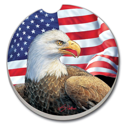 CounterArt Eagle & Flag Single Absorbnent Stone Coaster for Vehicle Cup Holder 2.6” Diameter Manufactured in The USA