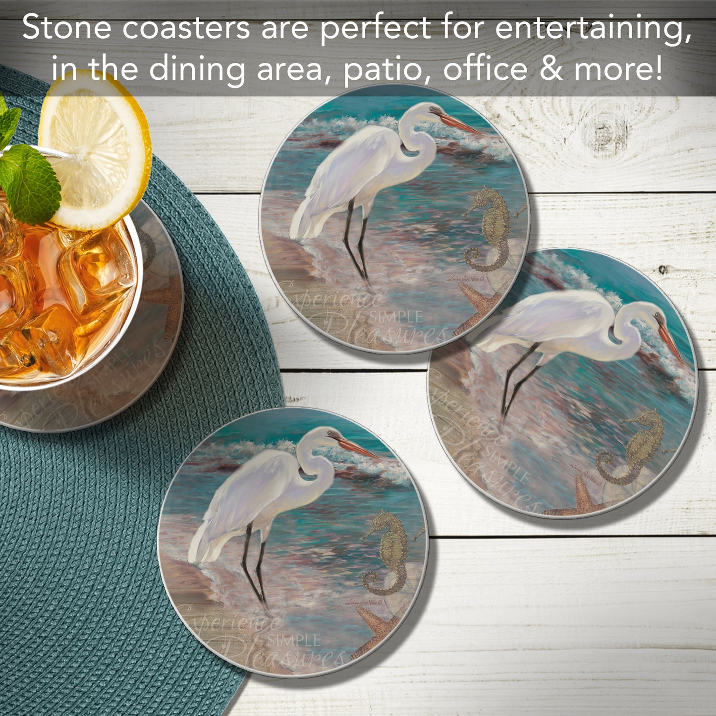 Thirstystone Experience Heron 4 Pack Round Absorbent Stone Coasters 4" Diameter Manufactured in the USA