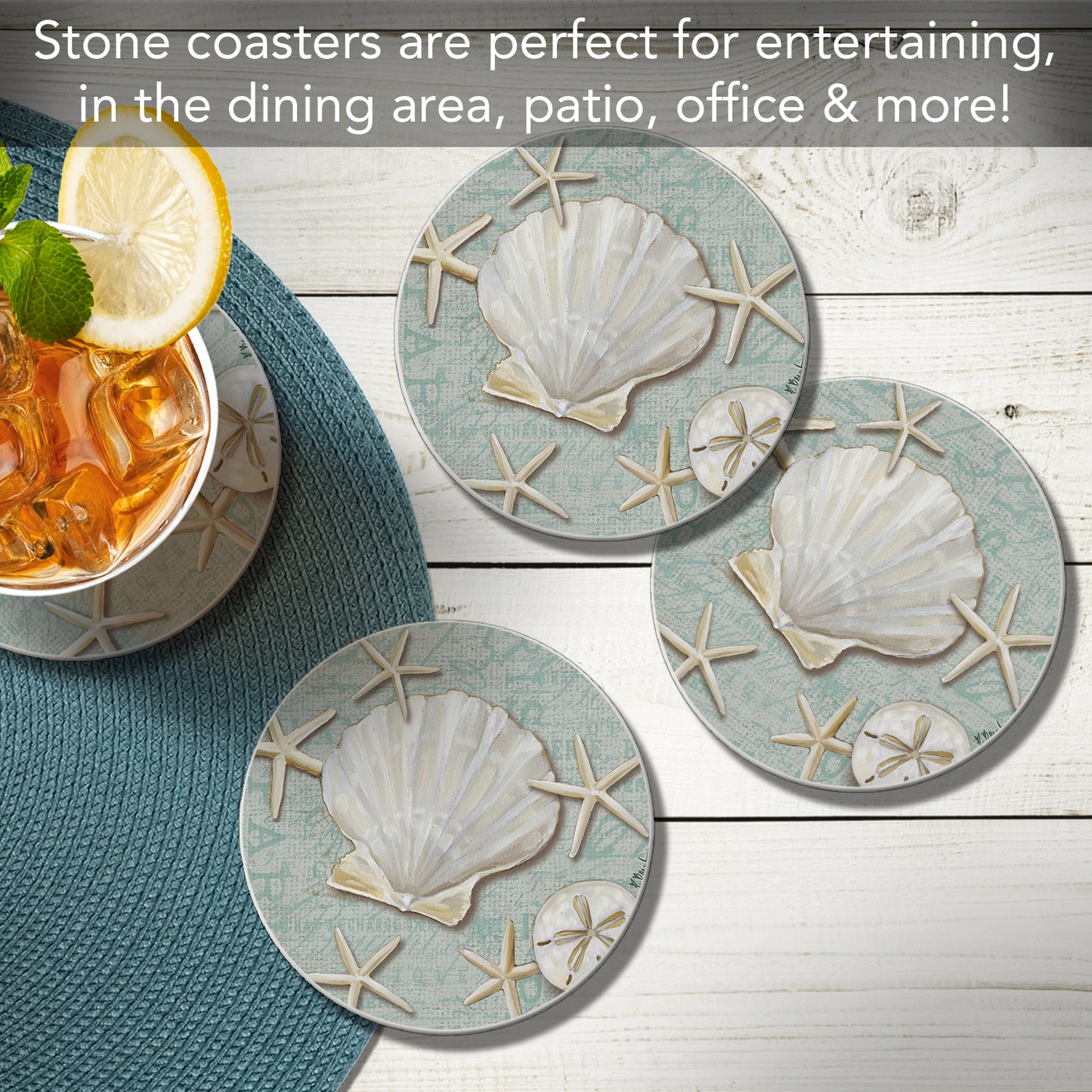 Thirstystone Linen Shells 4 Pack Round Absorbent Stone Coasters 4" Diameter Manufactured in the USA