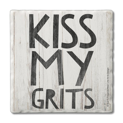 Thirstystone Kiss My Grits Single Tumbled Tile Stone Coaster with Protective Cork Backing Manufactured in The USA 4" Square, Artistic, Easily Wipes Clean